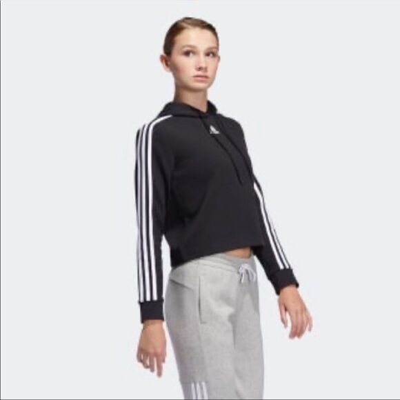 Adidas PG 3S Hoodie size Small women’s cropped 3 stripes black white crop NWT - Picture 3 of 6